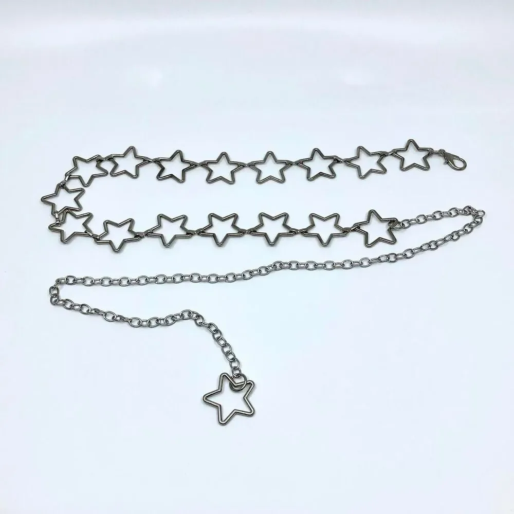 Vintage Y2K Cyber Star Silver Chain Belt, Fits 20.5–39.5 Inches, X7GA1177